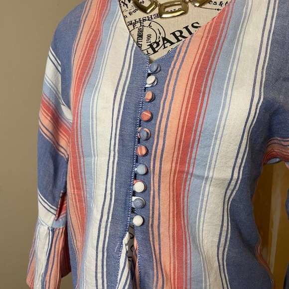 Girl Krazy Cropped Blouse Bell Flared Sleeves Stripped Front Button/Tie Size M - Picture 2 of 7